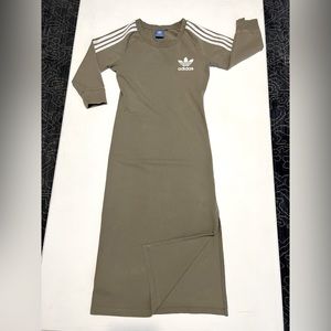 3 stripe olive green Adidas maxi dress with slit. Slightly stained on sleeves.
